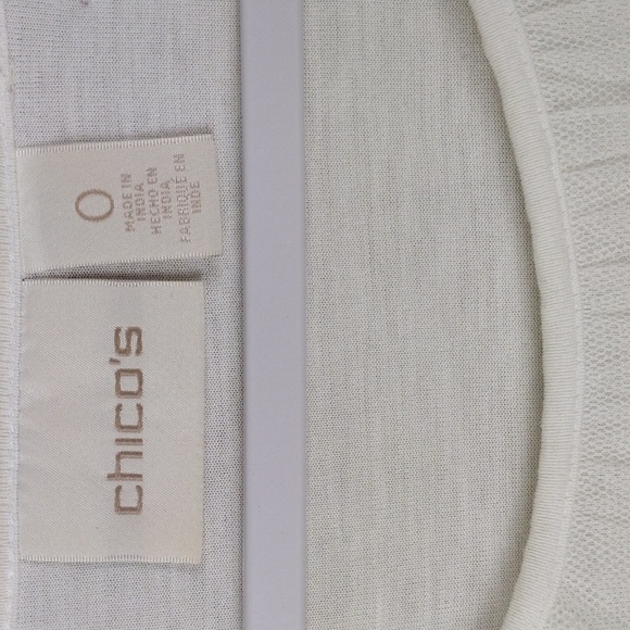 Chico's Cream Crochet Knit Tulle Overlay Round Neckline 3/4 Sleeve Pullover Top - Picture 4 of 12